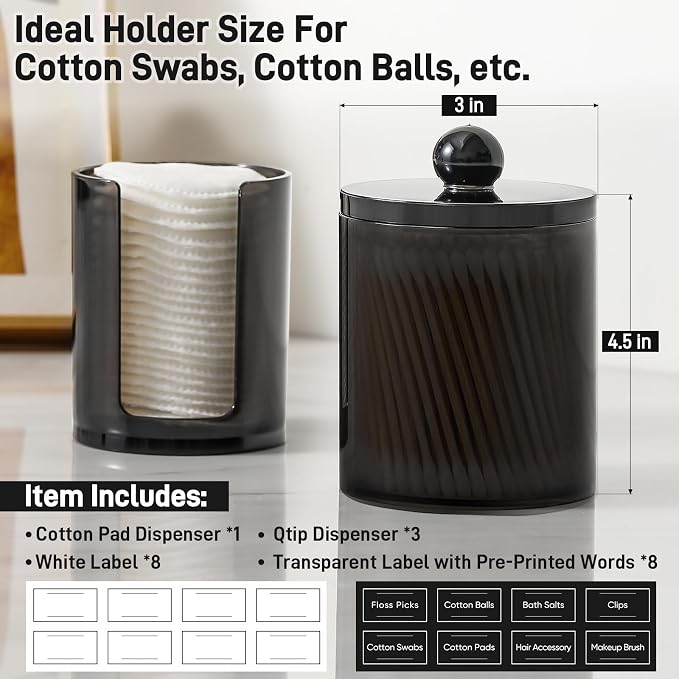 4 Pcs Acrylic Qtip Holder Dispenser for Cotton Swabs, Balls, Floss Picks | Thick, Clear Black, w/ Labels - Small Canister Apothecary Jar Set, Bathroom Decor Essentials, Shelf Vanity Storage Organizer