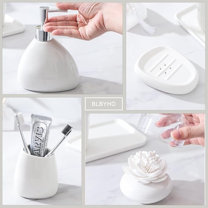 Ceramic Bathroom Accessory Set with Ceramic Tray, 6 Pieces Bathroom Countertop Accessory Set, Include Soap Dispenser, Toothbrush Holder, 2 Tumbler, Soap Dish, Vanity Tray,White