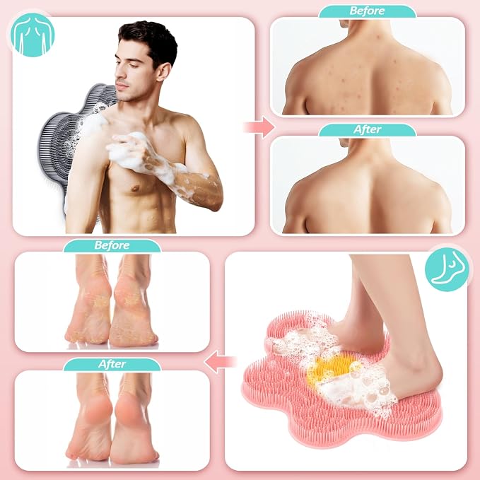 Upgrade Silicone Shower Foot Scrubber Mat & Silicone Bath Brush Set, Large Wall-Mounted Back Scrubber Back Washer to Clean, Exfoliate and Massage Without Bending(Pink+Soft Brush)