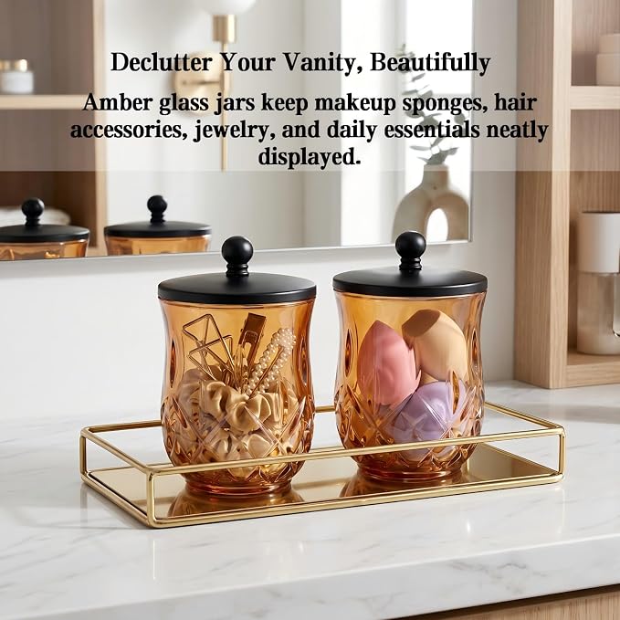 2 Pack Glass Qtip Holder Dispenser Set,Round Bathroom Apothecary Jars with Matte Black Lid for Cotton Swabs, Balls, Pads, Floss Picks, Vanity Storage Container for Makeup, Candy, Jewelry(10 Oz, Amber)