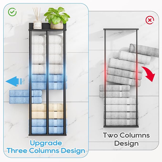 Towel Racks for Bathroom Wall Mounted with Wooden Storage Shelf | Updated 3 Bar Metal Towel Holder for Rolled Towels, Black Sturdy and Large Capacity, Towel Storage Organizer