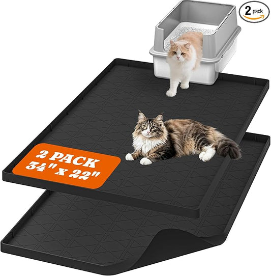 Pawtners Silicone Cat Litter Mat 34 x 22 in, Easy to Clean, Black, 2 Pack | Non-Slip Kitty Litter Mat for Floor, Waterproof & Urine-Proof Cat Litter Mat Litter Trapping Mat, Soft on Kitty Paws