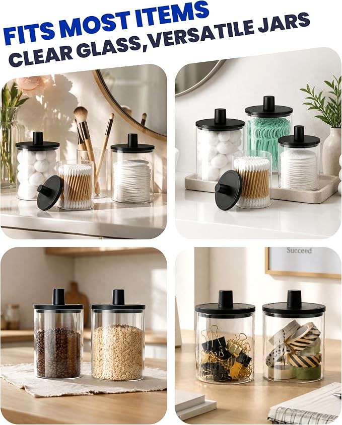 Glass Qtip Holder Dispenser - 4 Pack, Bathroom Decor and Organizer | Clear Canister Apothecary Jars with Lids for Cotton Swabs, Balls, Pads, Floss Picks, Vanity Bathroom Accessories Storage Set