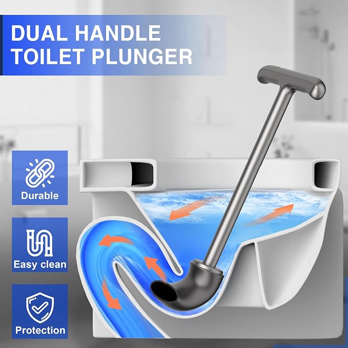 Upgraded Toilet Plunger with Holder, Wall Mounted Toilet Bowl Plunger with Hideaway Caddy, Dual Handle Plunger for Bathroom Built-in Drip Tray