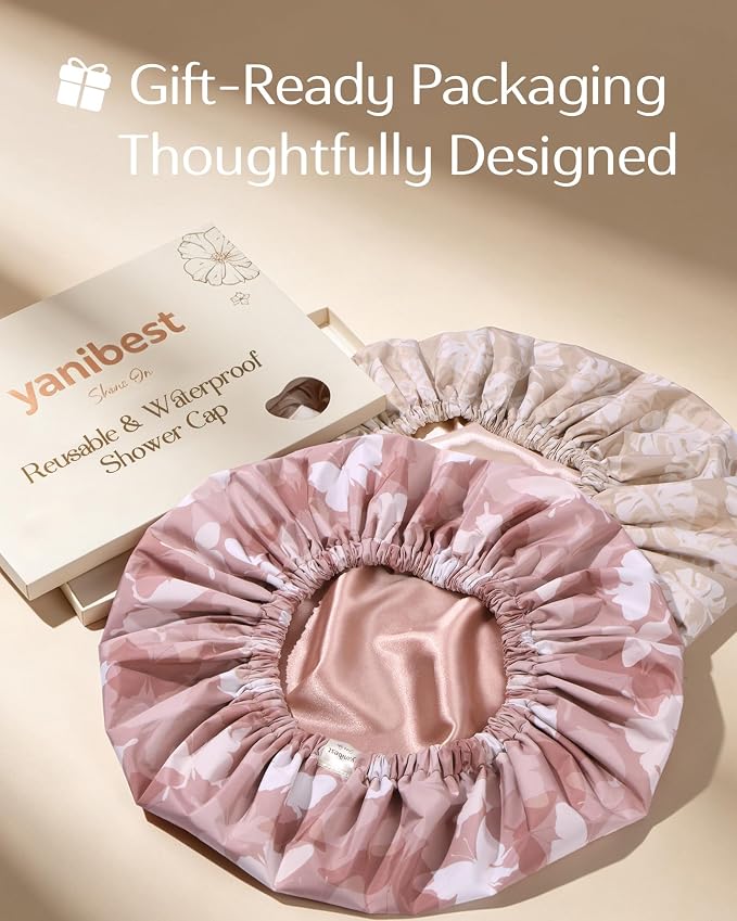 Yanibest Satin Lined Shower Cap, Shower Caps for Women Reusable Waterproof | Frizz Free & Large Durable Bath Cap with Soft Elastic Band, Luxury Hair Protection Caps, Nylon Shower Hair Cap