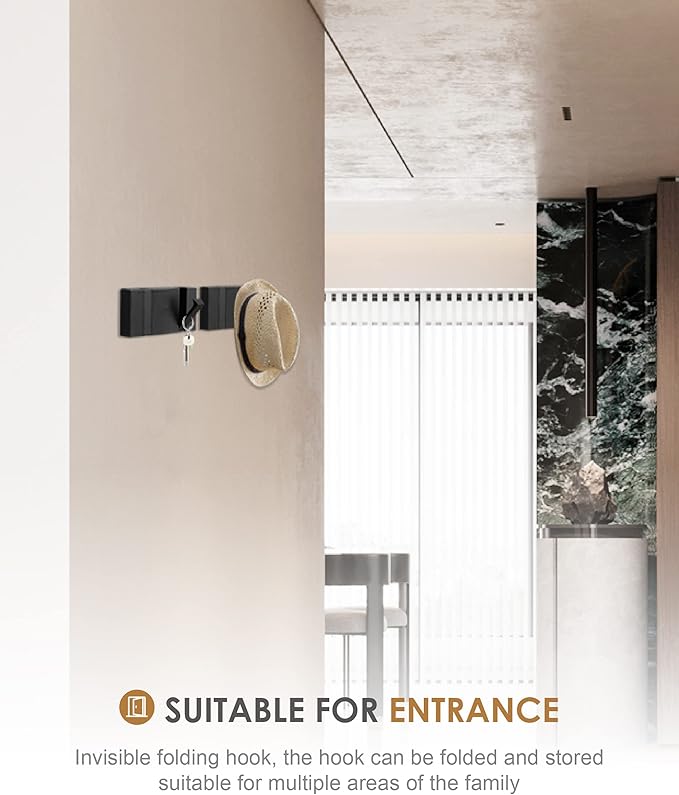 2 Pack，Waterproof Black Towel Hooks，Foldable Towel Hooks for Bathrooms，Modern Coat Hooks，Black Robe Hooks，Bathroom Modern Hooks，Free Perforated，Bathroom Towel Hooks，Towel Door Hooks，Also for Kitchen.