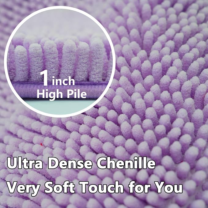 Bathroom Rugs Chenille 3-Piece Extra Soft and Absorbent Shag Bathroom Rugs, Machine Wash Mat, Strong PVC Non-Slip Underside, Plush Carpet Mats, Lavender