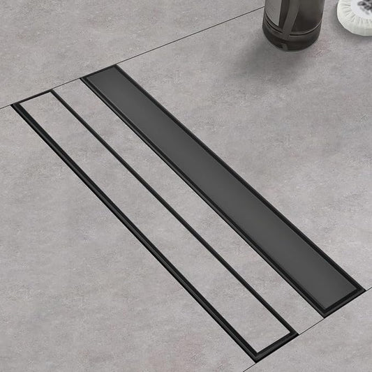 Linear Shower Drain ，with Tile Insert Panels ，28 Inch Black 304 Stainless Steel Rectangle Shower Floor Drain，with Hair Catcher, Adjustable Feet，Fits Bathroom, Balcony