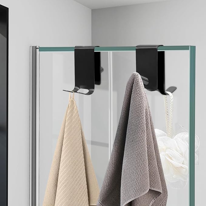 2-PCS Over Shower Door Towel Hooks for Frameless Glass, Stainless Steel Double-Sided Non-Slip Towel Hooks for Towels, Razor, Robes, Bath Towels, Bathroom Glass Door Towel Holder (2, Black)