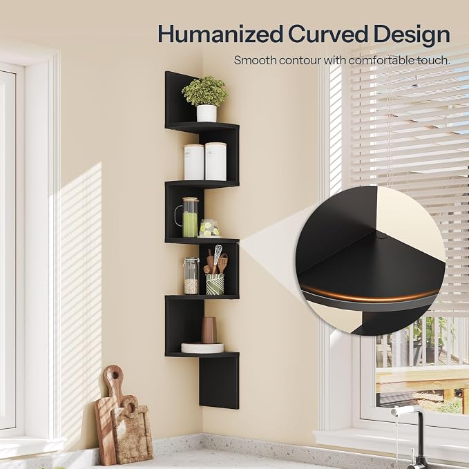 HOOBRO Corner Shelf Wall-Mounted, Set of 2 Floating Corner Shelves for Wall, 5-Tier Corner Bookshelves for Living Room, Bedroom, Bathroom, Home Office, Black BK26BJP201