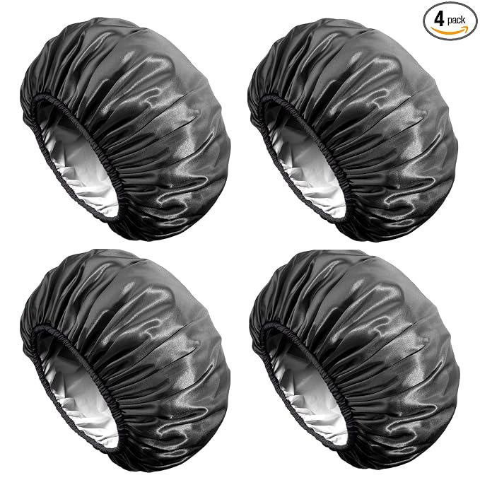 Aquior Shower Cap, Extra Large Shower Cap for Men, Satin EVA Double Layer Waterproof Reusable Hair Cap for Women Long Hair(All Black 4 Pack)
