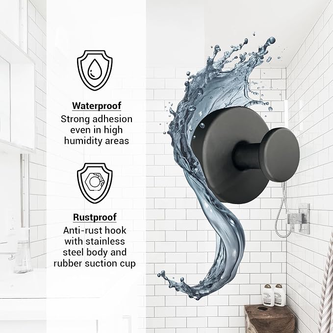 Suction Cup Hooks for Shower - 4 Pack, Matte Black - Stainless Steel, Strong Suction, No Drill, Removable Hanger, Tile Bathroom Kitchen Wall, Glass Door, Mirror Hook Hanging Robe, Towel Holder