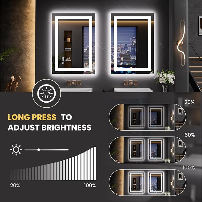 LOAAO 20"X28" LED Bathroom Mirror with Lights, UL Listed | Anti-Fog, Dimmable, 3 Color Temperature, Backlit + Front Lit, Memory Function, Tempered Glass
