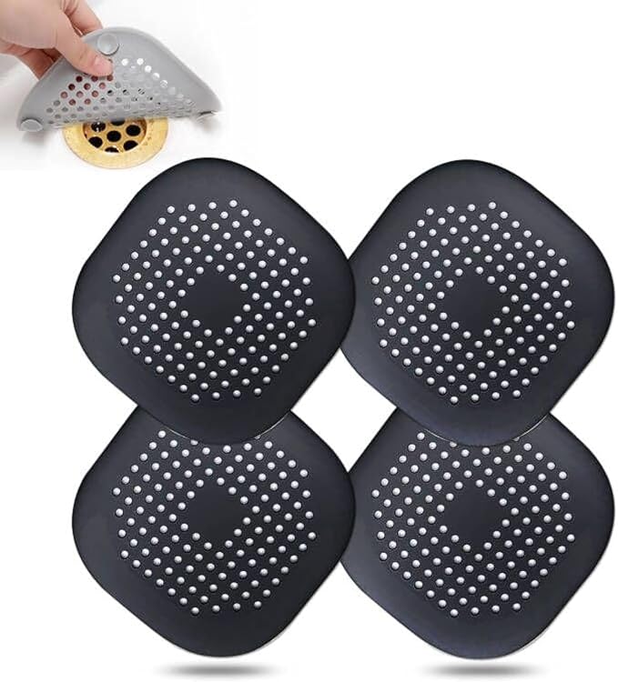 Bovinde Hair Drain Catcher,Square Cover for Shower 4 Pack (Jet Black) | Drainer Cover Silicone Hair Stopper with Suction Cups,Protector Accessories,Easy to Install Suit for Bathroom,Bathtub,Sink