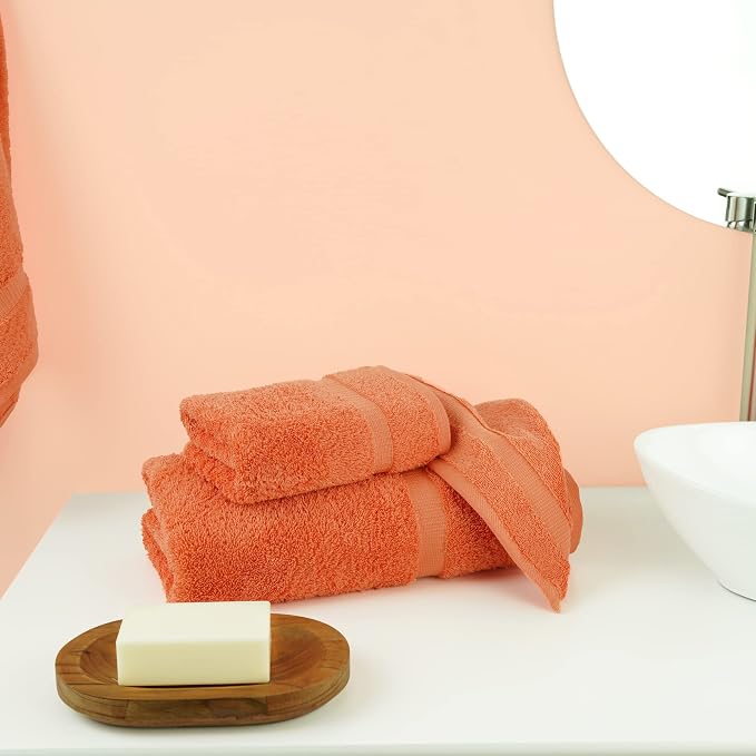 Chakir Turkish Linens 100% Cotton Personalized 3-Piece Set, Coral | Personalized 100% cotton 3-pc set, OEKO-TEX certified: bath 27x54, hand 16x30, wash 13x13