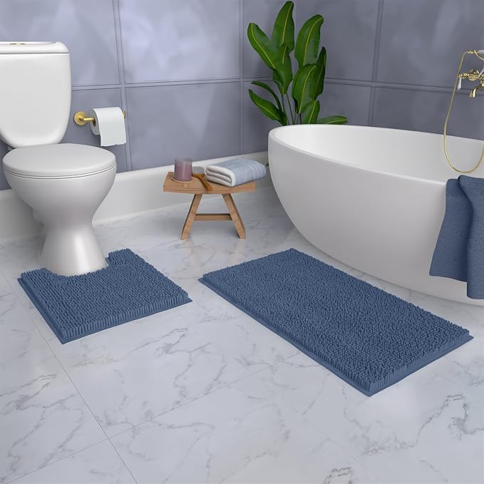 LuxUrux Bathroom Rugs Sets 2 Piece: Quick Dry, Soft Plush Anti-Slip, Super Absorbent. Includes Rectangular (31x20 inches) & U-Shaped Toilet Mat (20x20 inches) | Medium Blue