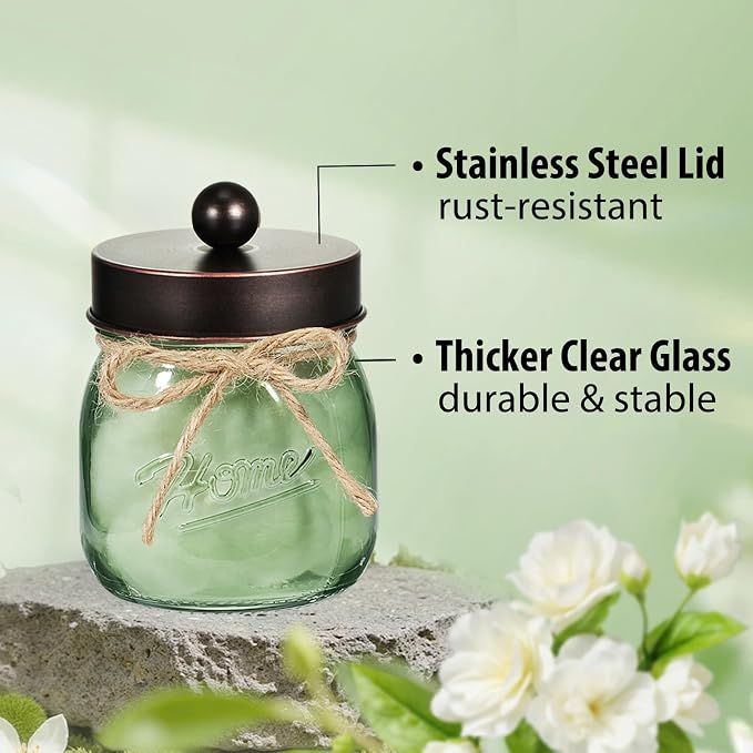 SheeChung 2 Pack Green Glass Mason Jar Qtip Holder Dispenser with ORB Lids | Apothecary Jar Canisters Set,Stainless Steel Lids,Small Bathroom Jars,Vanity Storage Organizer for Cotton Swab,Ball,Pad,Floss