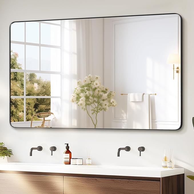 Delma Bathroom Vanity Mirror, Black Framed Mirror for Over Sink, 50x30 | HD glass, distortion-free for makeup and grooming, Sturdy frame, all mounting hardware, hangs horizontal or vertical