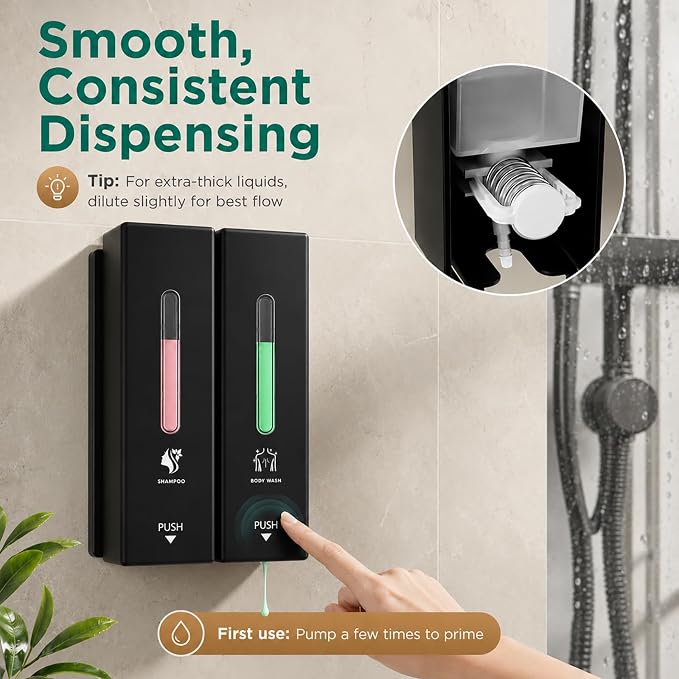 Shampoo and Conditioner Dispenser Wall Mounted, 3-Chamber Shower Soap Dispenser for Bathroom, 1200ML Large Capacity, No-Drill Installation, Clog-Free Pump for Thick Liquids (black-2-pack)