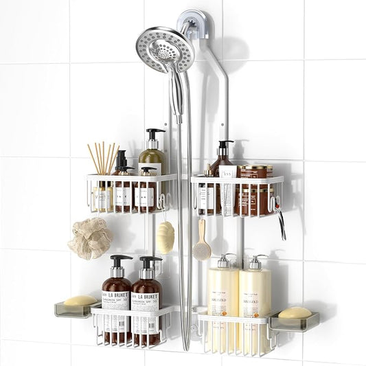 Adjustable Aluminum Shower Caddy Hanging for Handheld Showerhead, White | Rustproof Aluminum, Shower Organizer, Anti-Slip, Quick-Drain Shelf, 40lbs Capacity, Suction Cups, 8 Hooks, Razor Soap Holders