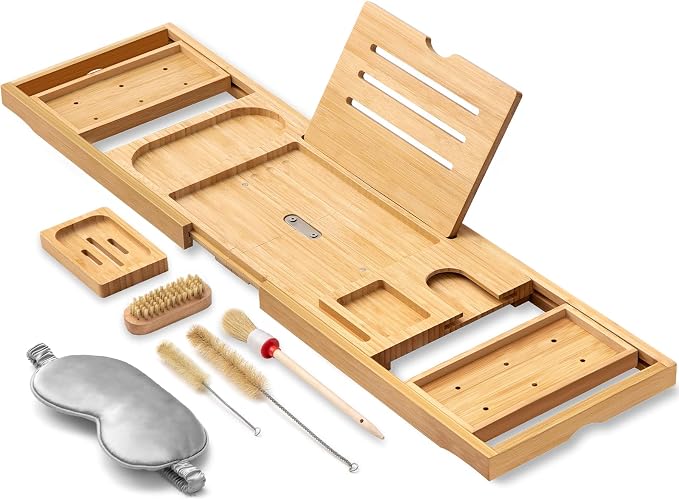 Bathtub Tray, Bamboo Bath Tray for Tub, Expandable Bath Tray with Bamboo Book Stand, Soap Tray, Bathtub & Bathroom Accessories Perfect for Home Spa, Natural Colour