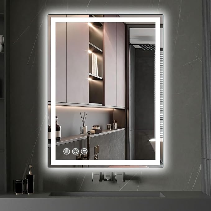 Memobarco 20" x28" LED Bathroom Mirror with Lights, Memory Vanity Mirror | Anti-Fog, 3 Color Modes, Dimmable, Front Lit, Memory Function, Tempered Glass, Lighted Bathroom Mirror for Wall
