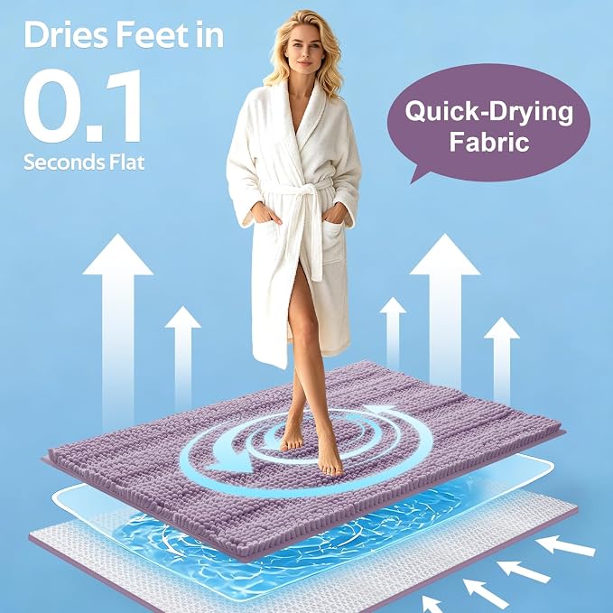 ACCUMTEK Striped Lavender Toilet Bathroom Rug Mat Set 2 piece Rug Ultra Soft, Non Slip Chenille Bath Rugs, Absorbent Plush Shaggy Bath Mats for Bathroom, Bedroom, Kitchen, Shower, Tub