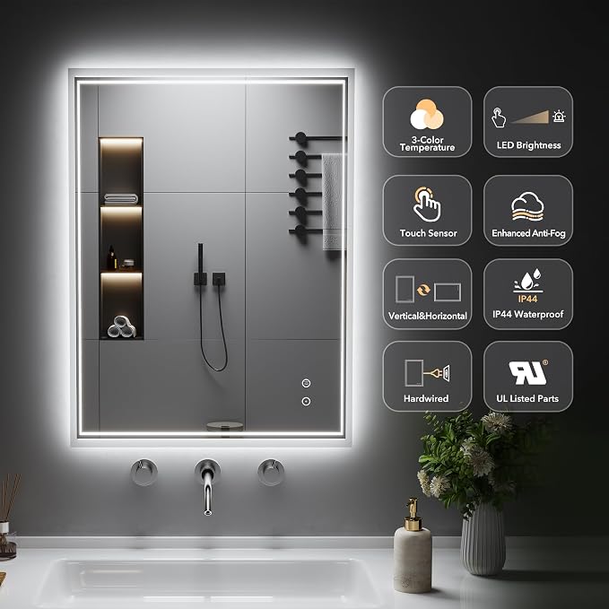 LED Mirror for Bathroom, 28"x36" Lighted Vanity Mirror with Anti-Fog, IP44 Waterproof, 3 Colors Dimmable, Backlit, Memory Function, Touch Control Wall Mount Bathroom Mirror, Horizontal/Vertical