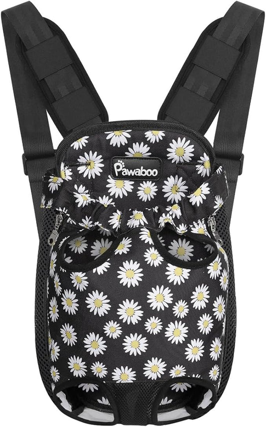 Pawaboo Pet Front Carrier Backpack for Small Medium Dogs | Legs Out Easy-fit,Adjustable Straps,Hands-Free,Soft Padded Support for Travel Hiking Cycling Camping ,Black Daisy,S