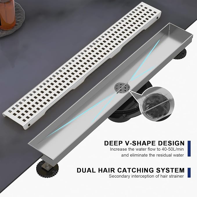 Linear Shower Drain | 28 Inch AISI 304 Stainless Steel Shower Drain, Brushed Nickel Linear Drain with Removable Quadrato Grate Cover & Adjustable Feet, Rectangle Floor Drain, in Bathroom Balcony etc