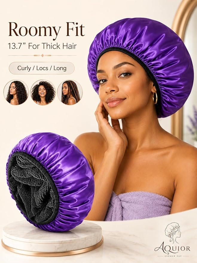 Aquior Shower Cap,Extra Large Triple Layer Bathing Cap with Dry Hair Function for Women Microfiber Terry Cloth Silky Satin 100% Waterproof Reusable Long Hair Bath Caps (Purple)