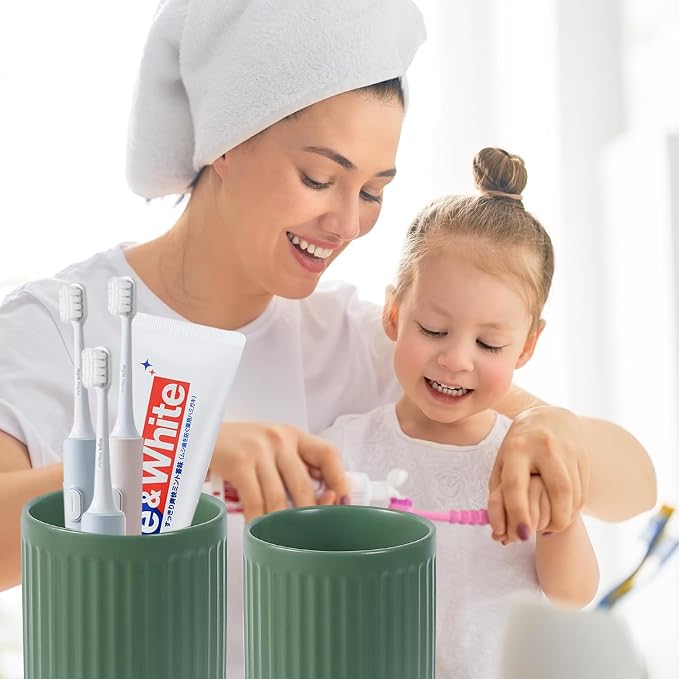 Green Toothbrush Holders for Bathrooms - 2 Cups Ceramic Toothbrush Toothpaste Holders Set, Green Bathroom Tumbler Cups Reusable Toothbrush Mouthwash Cup, Bathroom Counter Organizer.