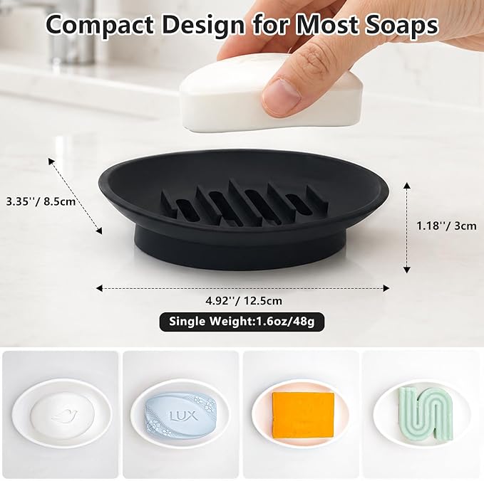 2 Pack Silicone Bar Soap Holder for Shower, Self-Draining Black Soap Dish Tray for Bathroom Sink, Kitchen Counter, Shower Niche/Shelf, Bathtub, Easy Cleaning Simple Oval Soap Saver Stand