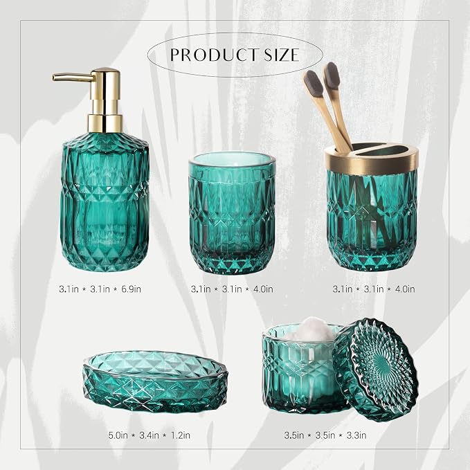 EMPO 6PCS Bathroom Clear Glass Accessories Set (Lotion Soap Dispenser, Soap Dish, Toothbrush Holder, Tumbler, Cotton Swab Jar), Contemporary Modern Decor Crystal Vintage Gift (6pcs Ocean Teal Blue)