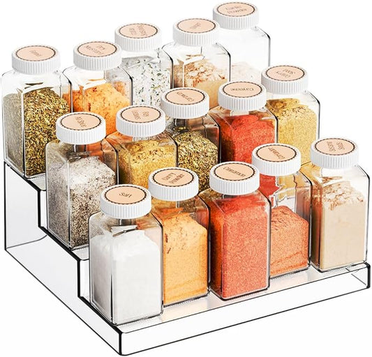 Yieach 3 Tier Clear Acrylic Spice Rack Organizer for Cabinet and Pantry Shelf - 10.3″L x 9.4″W Tiered Spice Rack & Holder,Step Shelves for Vitamin,Medicine Bottle,Jar,Can,Condiment,Seasoning Shelf