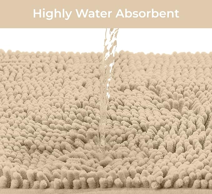 LuxUrux 2-Piece Bathroom Rug Set – Plush Chenille Runner & U-Shaped Toilet Mat, Soft, Absorbent & Non-Slip Design (20x20 U & 27x47 inches, Birch)