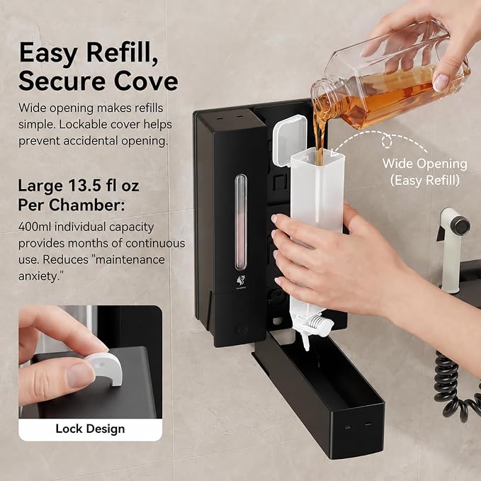 Shampoo and Conditioner Dispenser - Wall-Mounted 3-Chamber Shower Soap Dispenser, No-Drill, 1200ML Capacity, for Bathroom & Hotel
