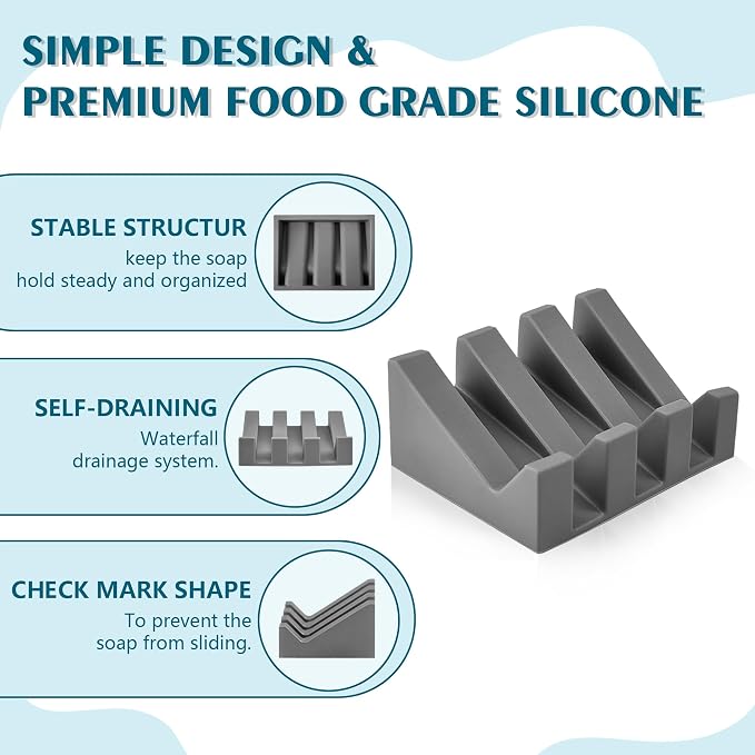 Self Draining Soap Dish Holder,Silicone Soap Dish,for Bathroom,Kitchen, Sponges，Can Extend Soap Life，Keep Soap Bars Dry and Easy Cleaning (Grey,1-Pack)