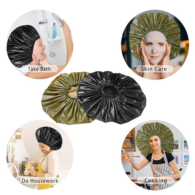 Super Jumbo Shower Cap for Women, 2 PCS Waterproof Hair Caps for Locs | Extra Large, Double Side Reusable PEVA Bath Cap, Washable, Holds Long Thick Twist Braid - Black+Green
