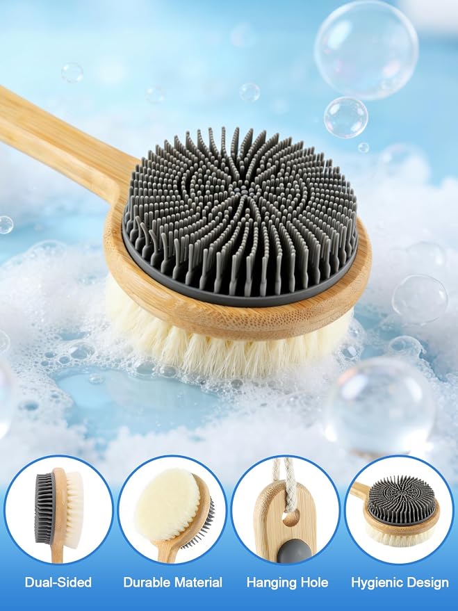 Kalolary Silicone Double-Sided Body Brush with Long Handle, Back Scrubber for Shower Super-Dense Bristles for Deep Cleaning and Massage, Wider Anti-Slip Grip Exfoliator for Wet or Dry Use