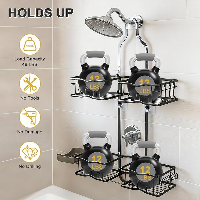 Shower Caddy Hanging Organizer, Rustproof Over Shower Head Caddy Holder with Hooks for Razor/Sponge, No Drilling Bathroom Racks Bath Storage Shelves for Shampoo Soap Towels, Black