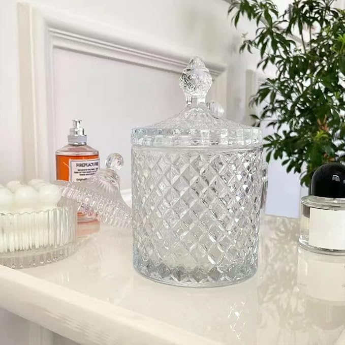 rejomiik Qtip Holder Glass Apothecary Jars with Lid Bathroom Accessories Vanity Organizers and Makeup Storage for Cotton Swabs, Makeup Sponges, Candy, Jewelry, 2 Pack Large Clear