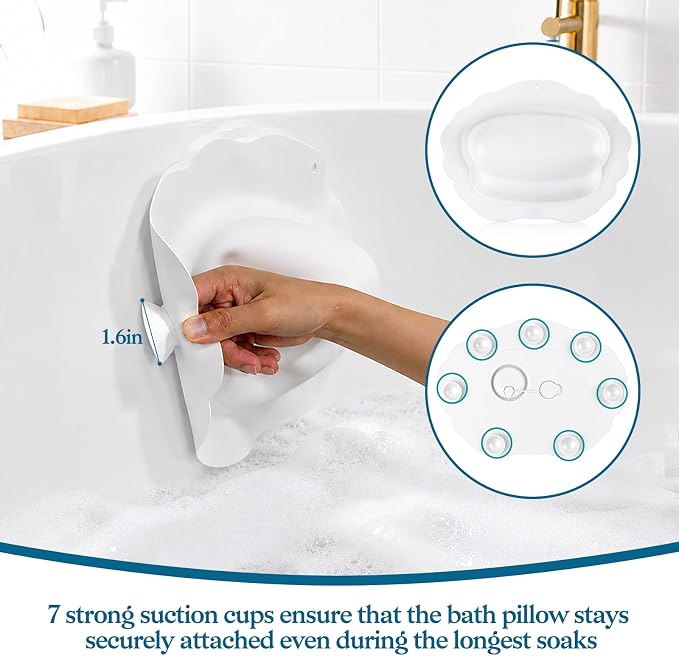 Bath Pillow for Tub, Inflatable Silicone Bathtub Pillow for Head & Neck Support, Adjustable 0-2.3" Height, 7 Strong Suction Cups, Waterproof, Quick-Drying, Luxury Spa Gifts (White)