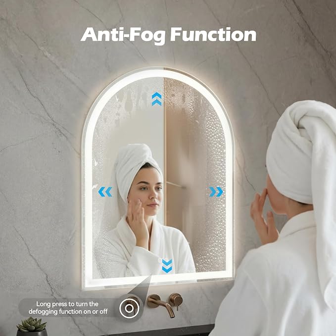 DUMOS 20"x28" LED Bathroom Mirror with Lights, Arched Vanity Mirror | Anti-Fog, Dimmable, 3-Color Light, Memory Function, Front Light and Backlit, Tempered Glass