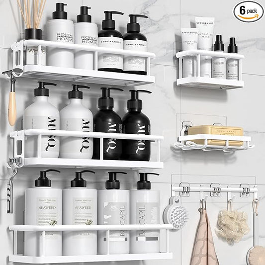Shower Caddy Adhesive, Rustproof Shower Organizer with Soap Holder, Large Capacity Shower Shelves for Inside Shower, No Drilling Bathroom Organizers and Storage for Home Decor（6 Pack White）