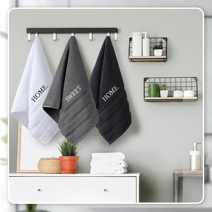 3 Pcs Hand Towels Bathroom Set,Black,Home Sweet Home | Embroidered Cotton Farmhouse Towels, Kitchen Decor, Rustic Boho Decorative with Text Labels, Guest Bath Home