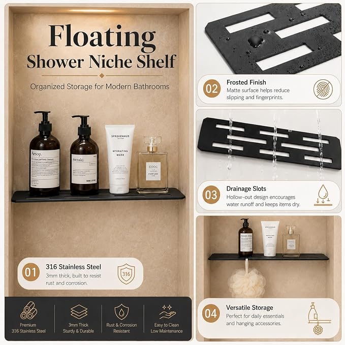 1 Pack Shower Niche Shelf Rectangular Bathroom Niche Shelf with Frosted Stainless Steel Finish, Fits 1/8 inch Grout Lines Shower Niche Insert