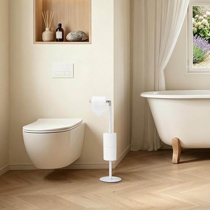 BGL Freestanding Toilet Paper Holder, Tissue Holder On Floor with Reserve Storage Paper Rolls, Roll Paper Holder Standing On Floor (White)
