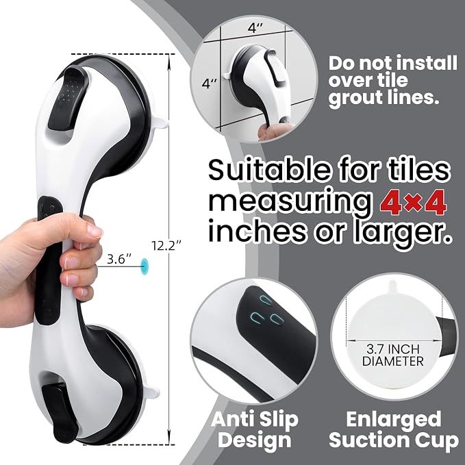 TAILI Suction Shower Grab Bar 2 Pack, Grab Bars for Bathtubs Showers for Seniors Elderly Handicap, Bathroom Safety Shower Handles Support Grip, Heavy Duty Suction Cup, No Drilling Removable, Black,G9