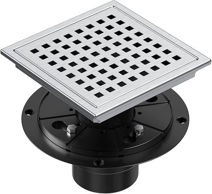 6 Inch Square Shower Drain Brushed with Removable Quadrato Pattern Grate, SUS 304 Stainless Steel Floor Drain with Flange